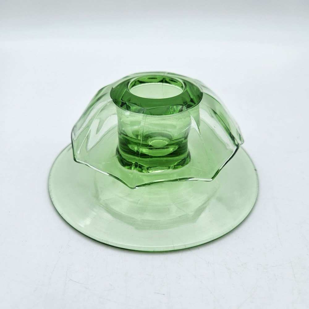 VTG Heisey Moongleam Green Glass Candlestick Holder Depression Era Uranium Glows